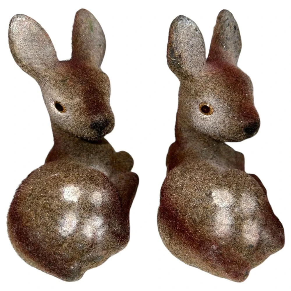 Lot 2 Vintage Deer Fawn Velvet‎ Flocked Figurines Figures Hong Kong